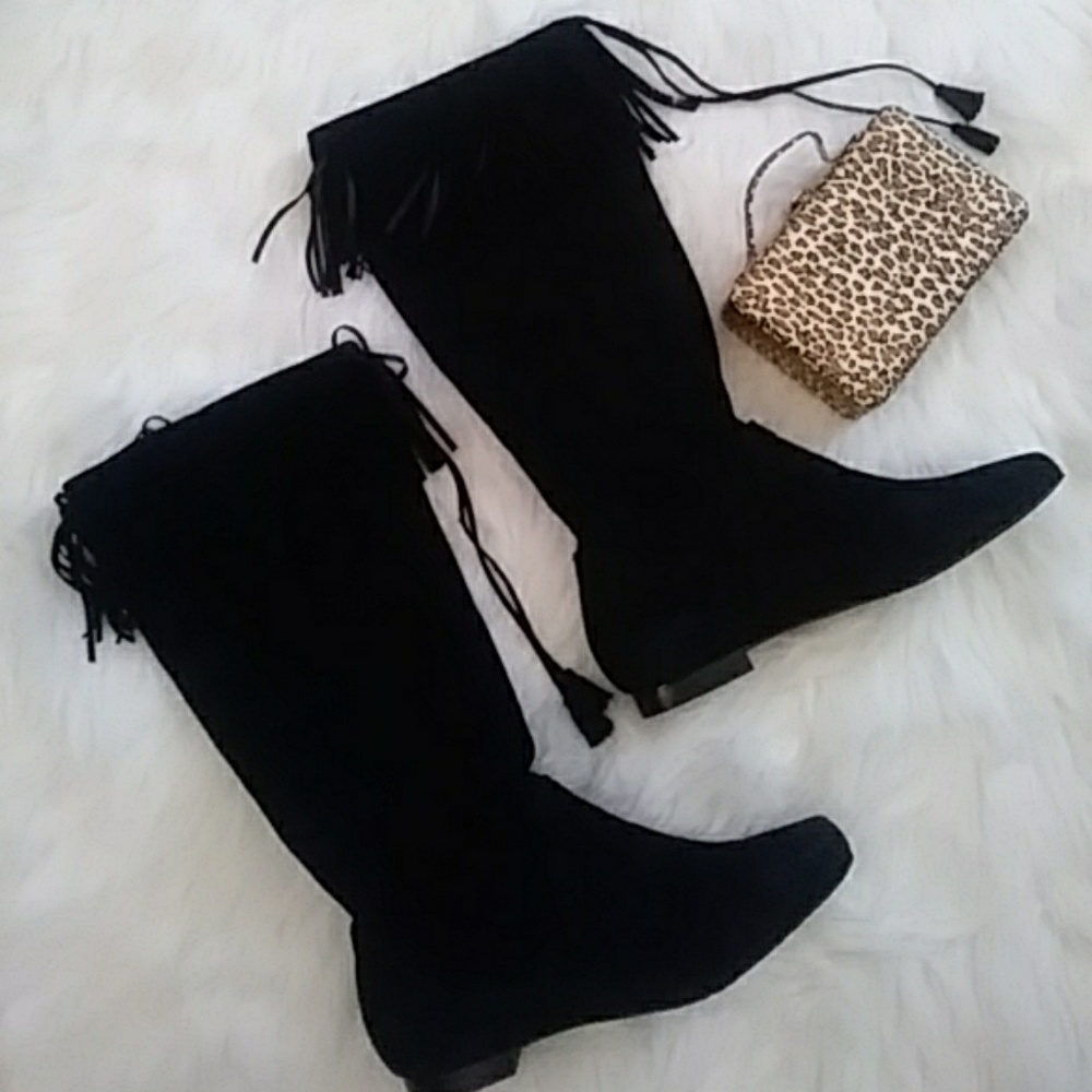 Calvin Klein Blk Suede Fringe Boots